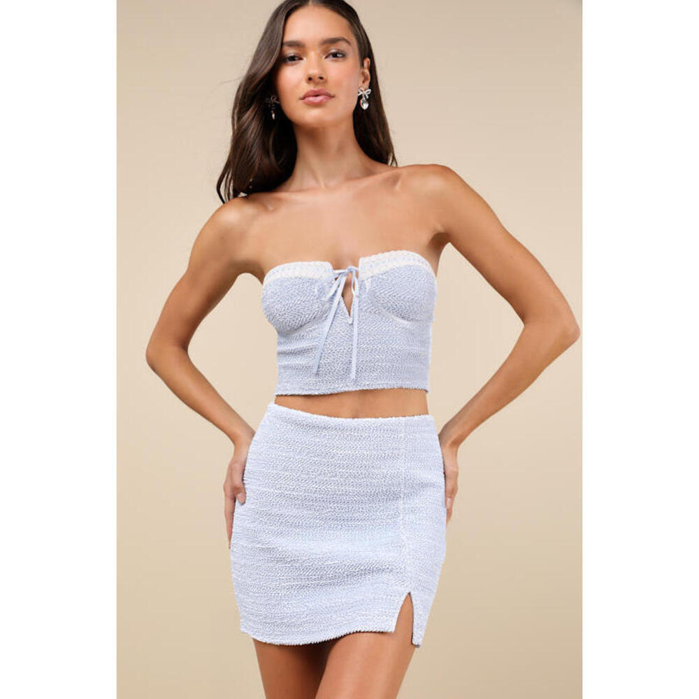 Lulus Trendsetting Flirt Light Blue Crinkled Bodycon Mini Skirt and shirt